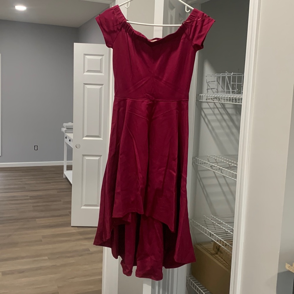 Burgundy off the shoulder, high low dress. Women’s XS